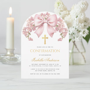Invitación Confirmación de niña lazo rosa floral y cruz elega