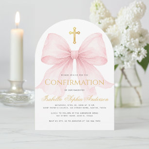 Invitación Confirmación de niña lazo rosa guión Cruz de oro f