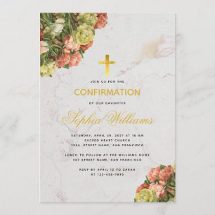 Invitación Confirmación de niña Mármol floral de claveles gui