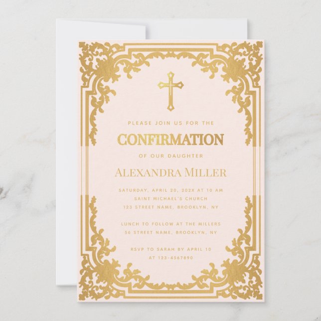 Invitación Confirmación de niña Rosa Falso Oro Religioso Vint (Anverso)