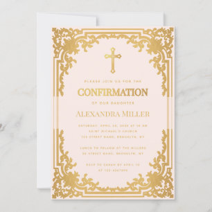 Invitación Confirmación de niña Rosa Falso Oro Religioso Vint
