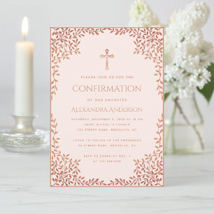 Invitación Confirmación de niña rosa hojas de oro rosa religi
