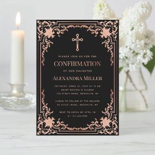 Invitación Confirmación de niña Rosa Negro Elegante Vintage C