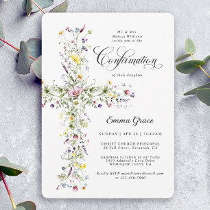 Invitación Confirmación de niña Wildflower Floral Cruz