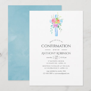 Invitación Confirmación de niño con flores en acuarela pastel