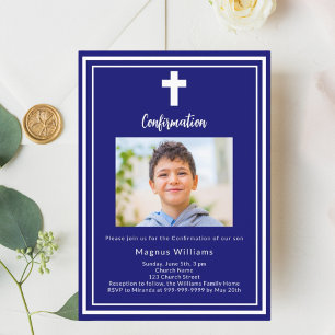 Invitación Confirmación de niño con foto azul de la marina