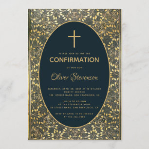 Invitación Confirmación de Niño Cruz de Hojas Doradas Elegant