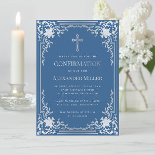 Invitación Confirmación de Niño Elegante Azul Clásico de Pelu