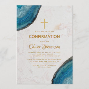 Invitación Confirmación de Niño Geoda Azul Ágata Cruz de Oro