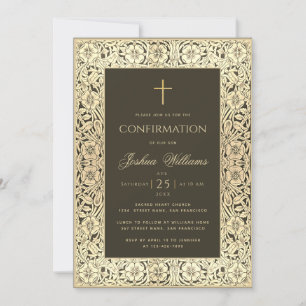 Invitación Confirmación de Niño Negro Dorado Elegante Floral 