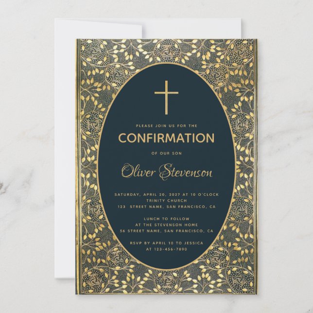 Invitación Confirmación de niño Oro deja cruz elegante azul (Anverso)