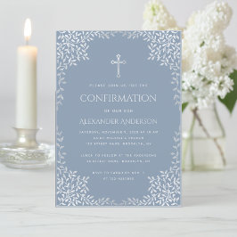 Invitación Confirmación de Niño Polvo Azul Elegantes Hojas de
