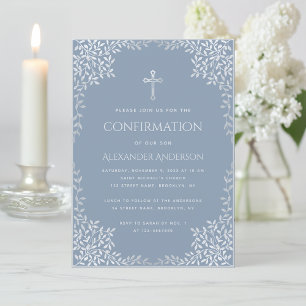 Invitación Confirmación de Niño Polvo Azul Elegantes Hojas de