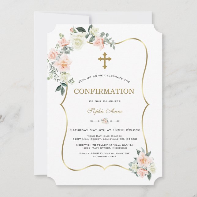 Invitación Confirmación de oro de Flores Blancas Delicadas de (Anverso)