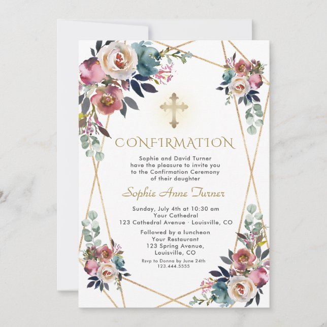 Invitación Confirmación de oro de las flores de Rosa agitadas (Anverso)