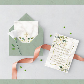 Invitación Confirmación de oro de mármol de flores blancas de
