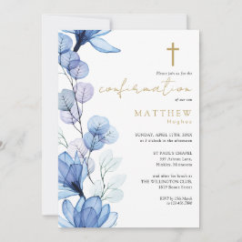 Invitación Confirmación de oro floral azul transparente y tur