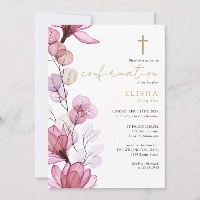 Invitación Confirmación de oro floral transparente Rosa turbi (Anverso)