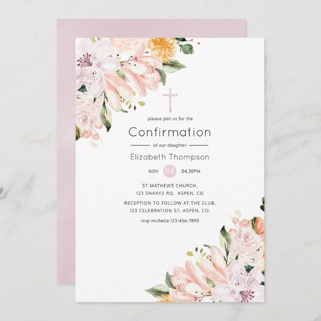Invitación Confirmación de Pastel Floral (Anverso / Reverso)
