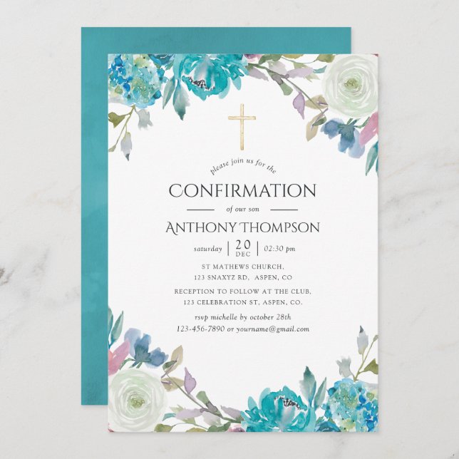 Invitación Confirmación de Pastel Floral (Anverso / Reverso)
