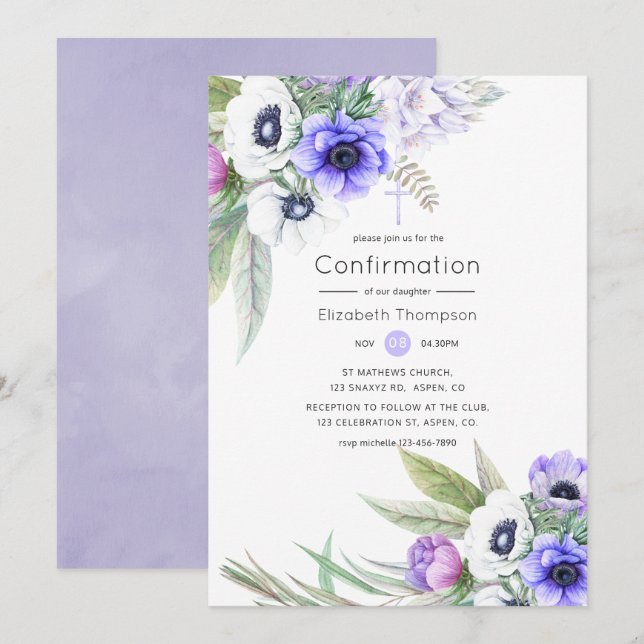 Invitación Confirmación de Pastel Violet y Plum Floral (Anverso / Reverso)
