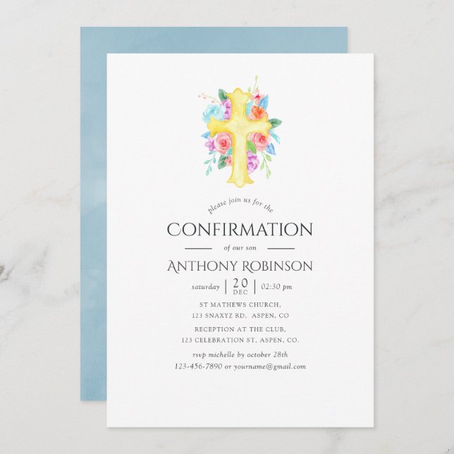 Invitación Confirmación de Pastel Watercolor Floral Boy (Anverso / Reverso)