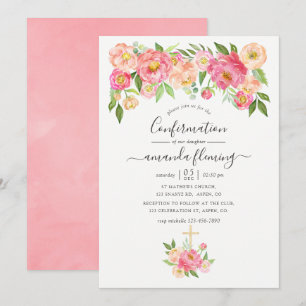 Invitación Confirmación de peonías de acuarela rosa pastel