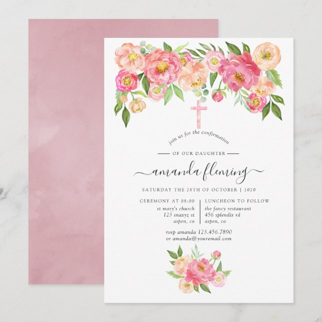 Invitación Confirmación de Peonías en Acuarela Pastel (Anverso / Reverso)