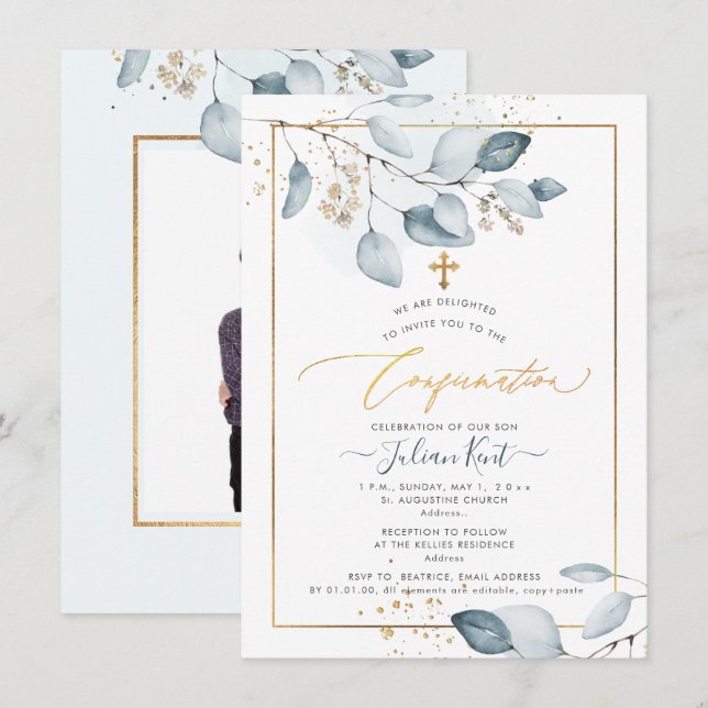 Invitación Confirmación de PixDezines Eucalipto Blue Gum (Anverso / Reverso)