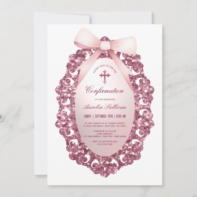 Invitación Confirmación de plegado rosado de marco Purpurina  (Anverso)
