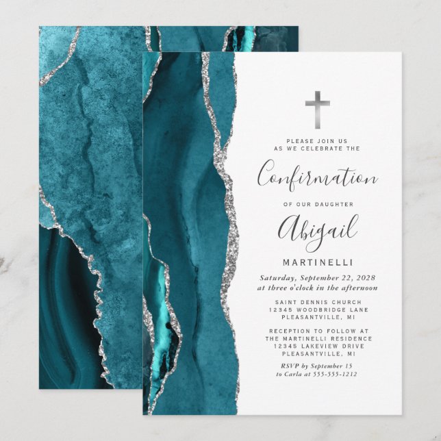 Invitación Confirmación de Purpurina de Agate Silver verde az (Anverso / Reverso)