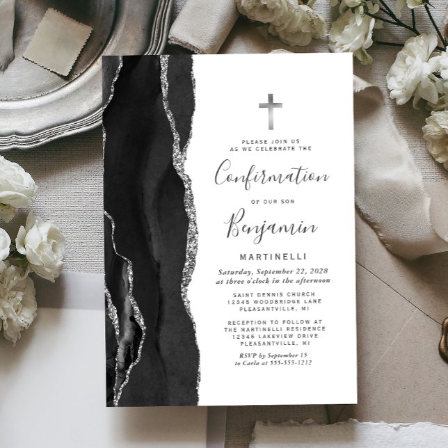Invitación Confirmación de Purpurina de Black Agate Silver (Subido por el creador)