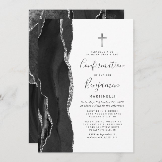 Invitación Confirmación de Purpurina de Black Agate Silver (Anverso / Reverso)
