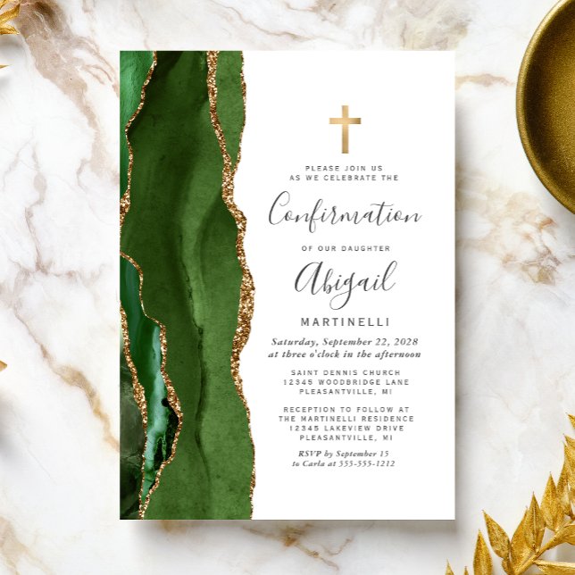 Invitación Confirmación de Purpurina de oro de Green Agate (Subido por el creador)
