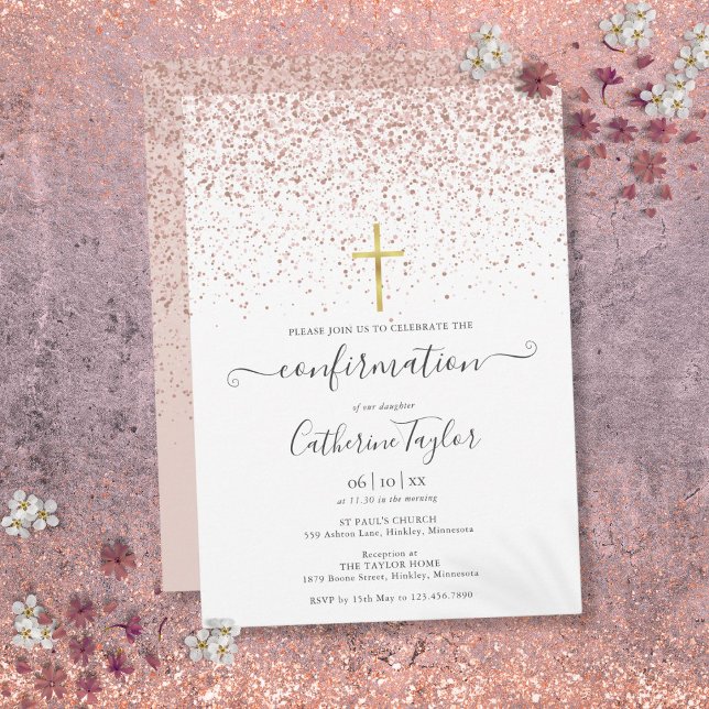 Invitación Confirmación de Purpurina de oro Rosa moderno (Modern Rose Gold Glitter Confirmation Invitation)