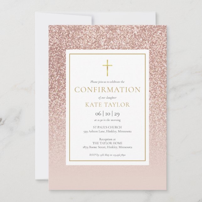 Invitación Confirmación de Purpurina Dorada Rosa (Anverso)