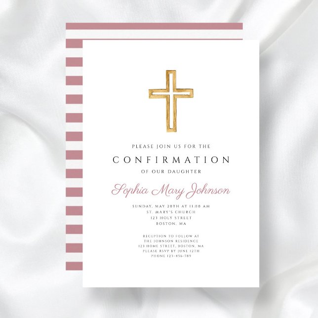 Invitación Confirmación de rayas rosadas de Chica religioso c (Pink Stripes Religious Cross Girl Confirmation Invitation)