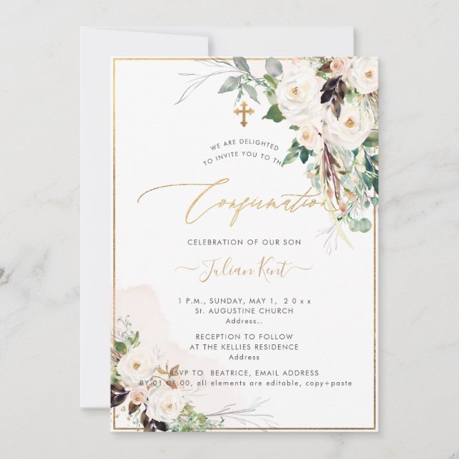 Invitación Confirmación de Rosas de crema de Rubor H2 de PixD (Anverso)