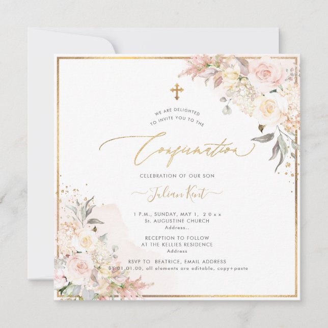 Invitación Confirmación de Rosas de crema de Rubor H2 de PixD (Anverso)