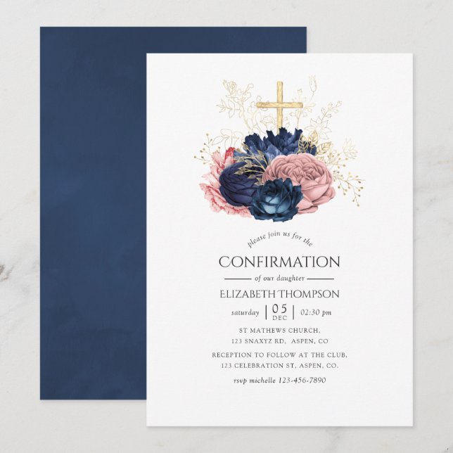 Invitación Confirmación de Rosas de la Marina Azul y Rubor Ro (Anverso / Reverso)