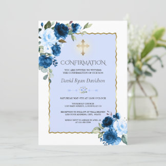Invitación Confirmación de Royal Blue Floral Gold Cross Boy