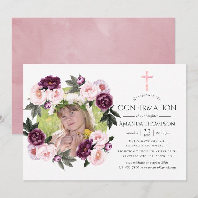 Invitación Confirmación de terciopelo profundo y Bush rosa (Anverso / Reverso)