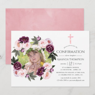 Invitación Confirmación de terciopelo profundo y rosa Bush