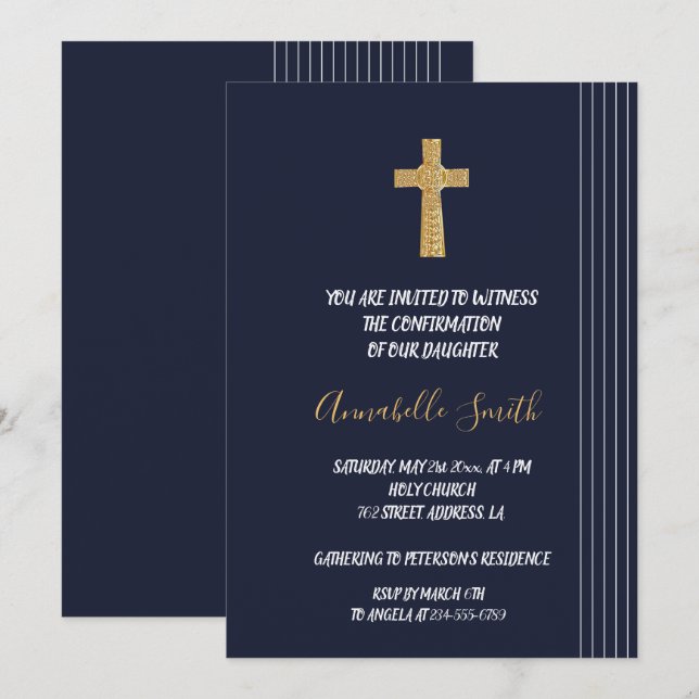 Invitación CONFIRMACIÓN DE    tipografía elegante azul marino (Anverso / Reverso)