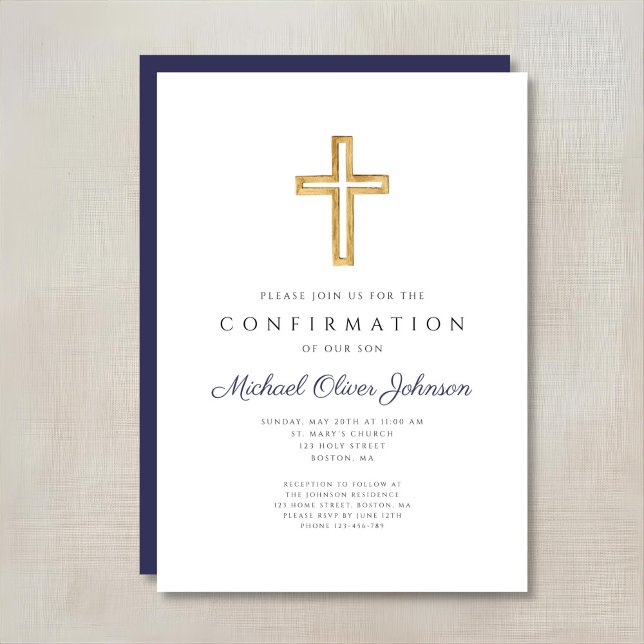 Invitación Confirmación de travesía religiosa azul de la Mari (Navy Blue Religious Cross Boy Confirmation Invitation)