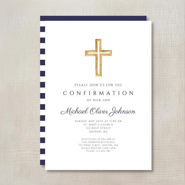 Invitación Confirmación de travesía religiosa con franjas azu (Navy Blue Stripes Religious Cross Boy Confirmation Invitation)