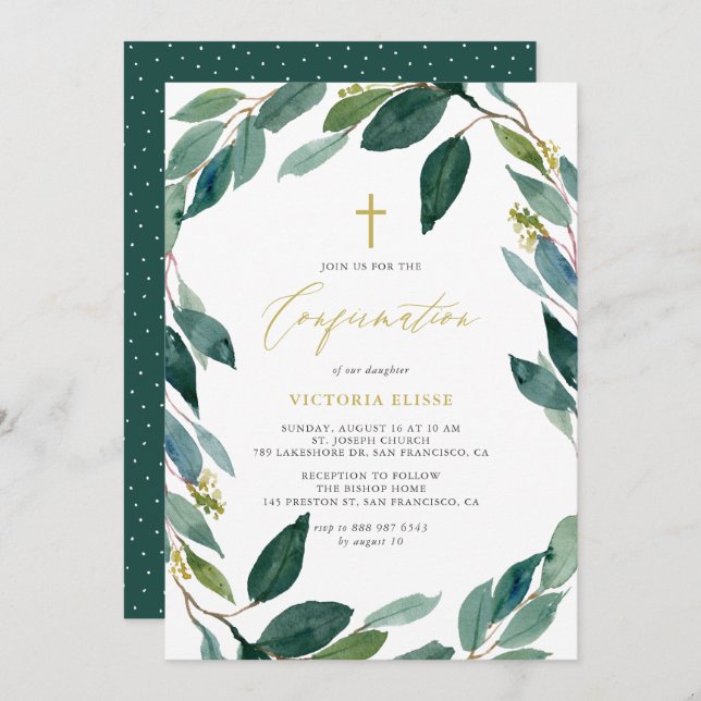 Invitación Confirmación de Wreath de color de agua Eucalyptus (Anverso / Reverso)