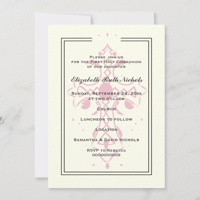 Invitación Confirmación del bautismo de la cruz rosa primero  (Anverso)