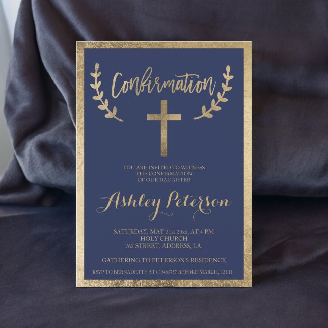Invitación Confirmación del borde de la tipografía azul marin (Gold navy blue typography border confirmation invitation)