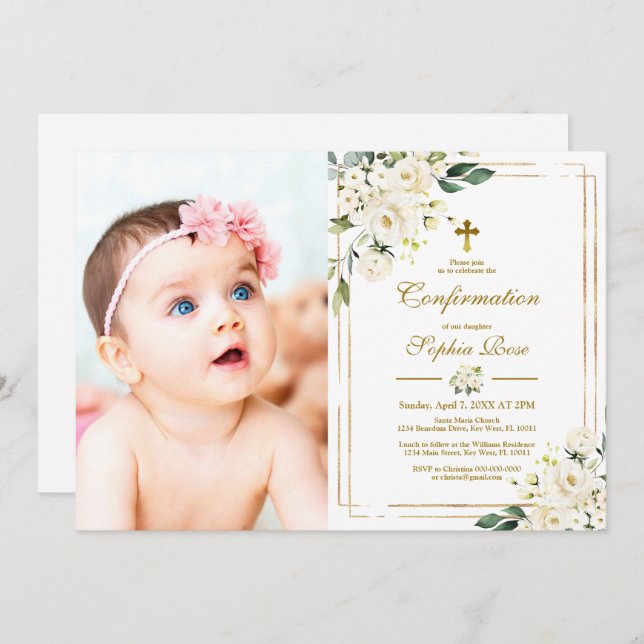 Invitación Confirmación del Chica de fotos de flores blancas  (Anverso / Reverso)